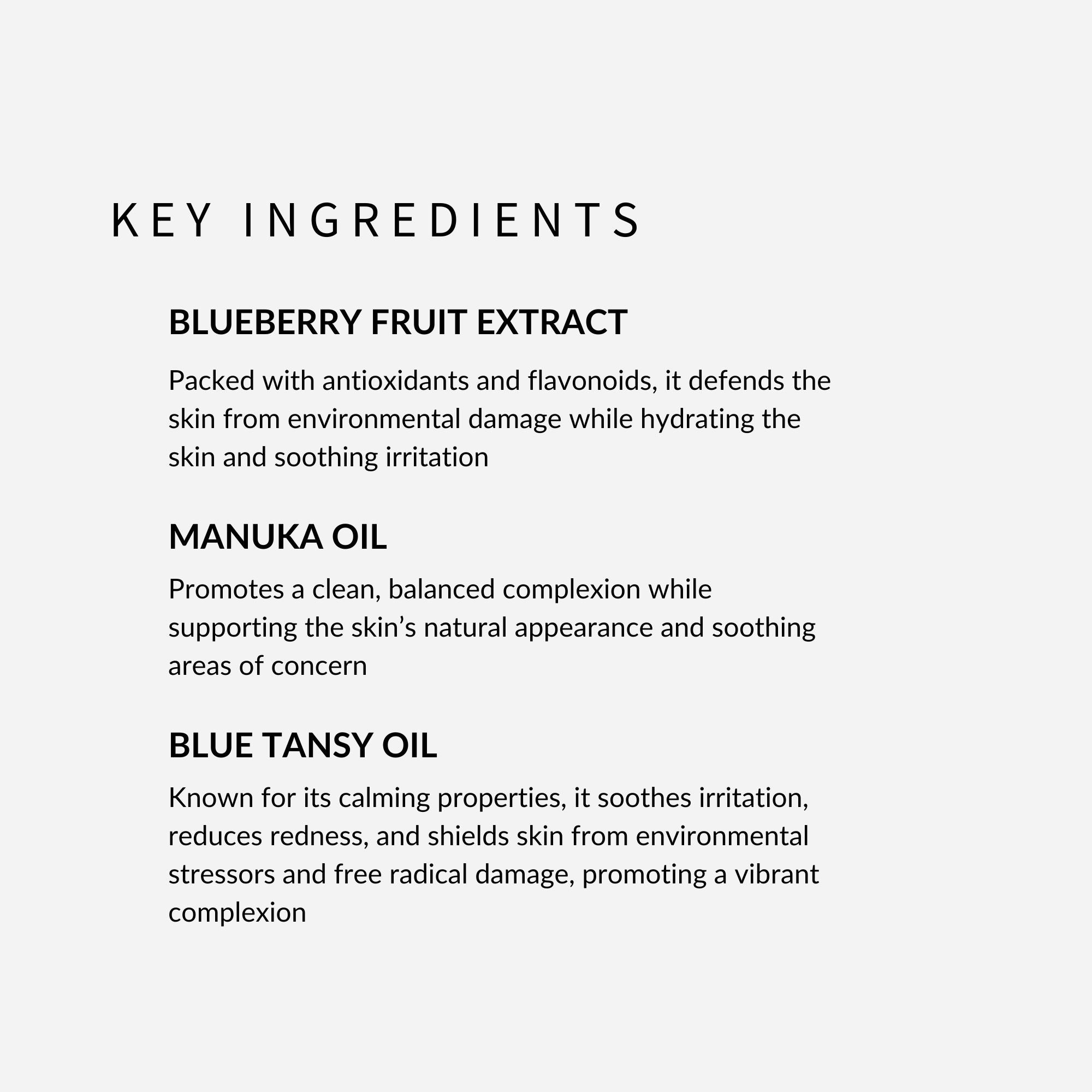 withSimplicity Face Jelly Oil-Free Natural Moisturizer key ingredients include blueberry fruit extract, manuka oil, and blue tansy oil