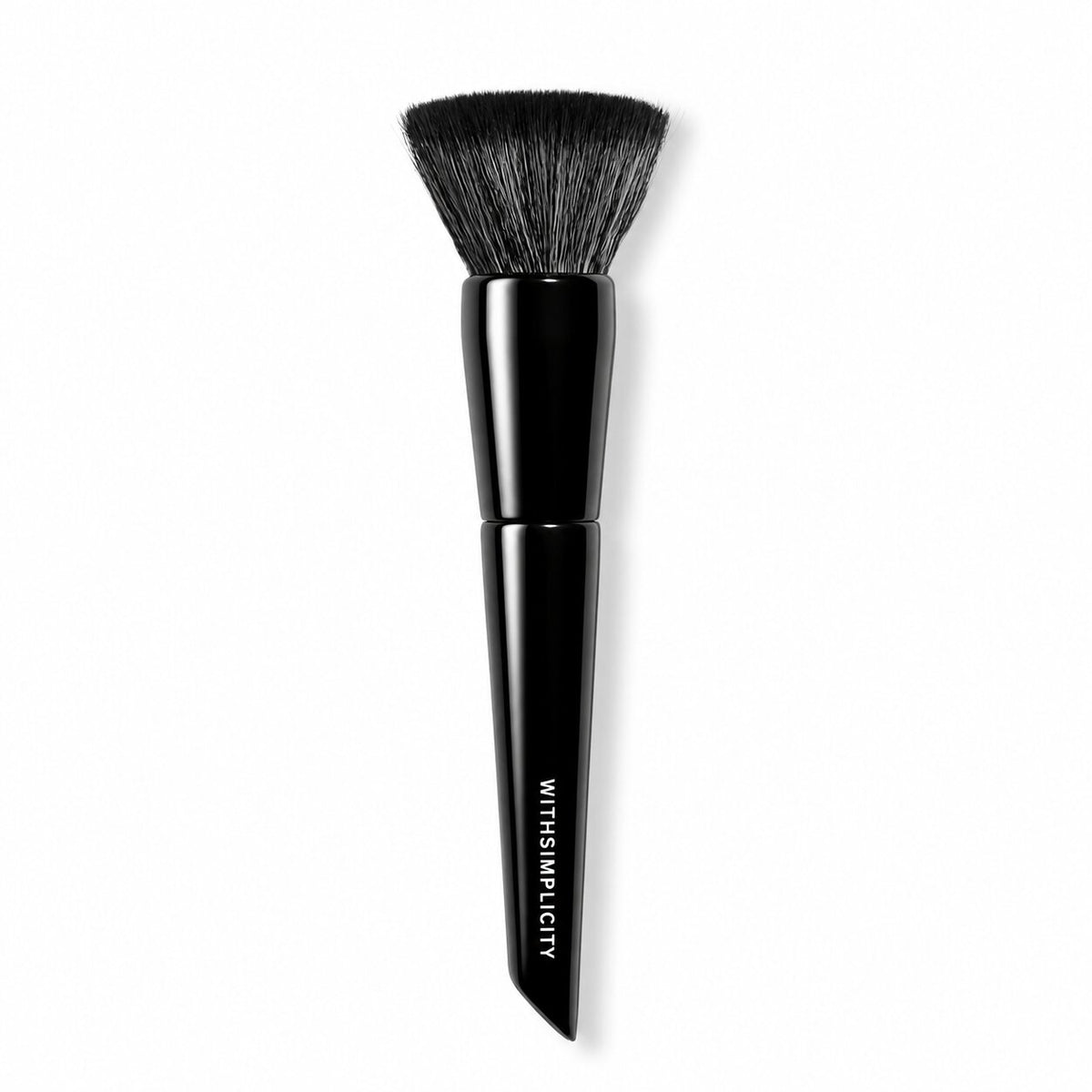 black vegan foundation makeup brush with withSimplicity logo on a white background