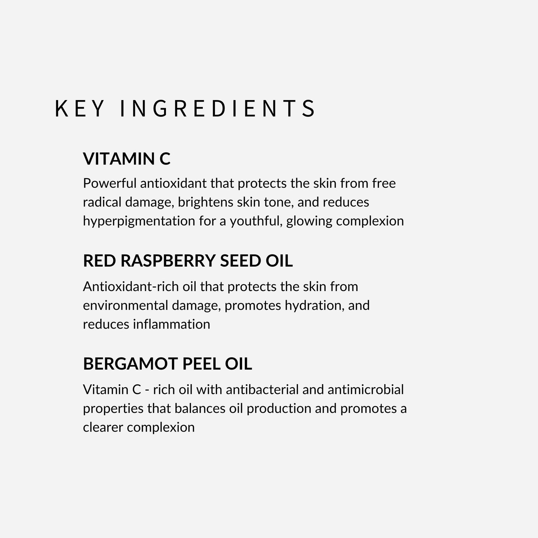 withSimplicity natural organic Vitamin C Serum. Key ingredients are Vitamin C, Red Raspberry Seed Oil, and Bergamot Peel Oil.