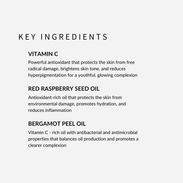 withSimplicity natural organic Vitamin C Serum. Key ingredients are Vitamin C, Red Raspberry Seed Oil, and Bergamot Peel Oil.