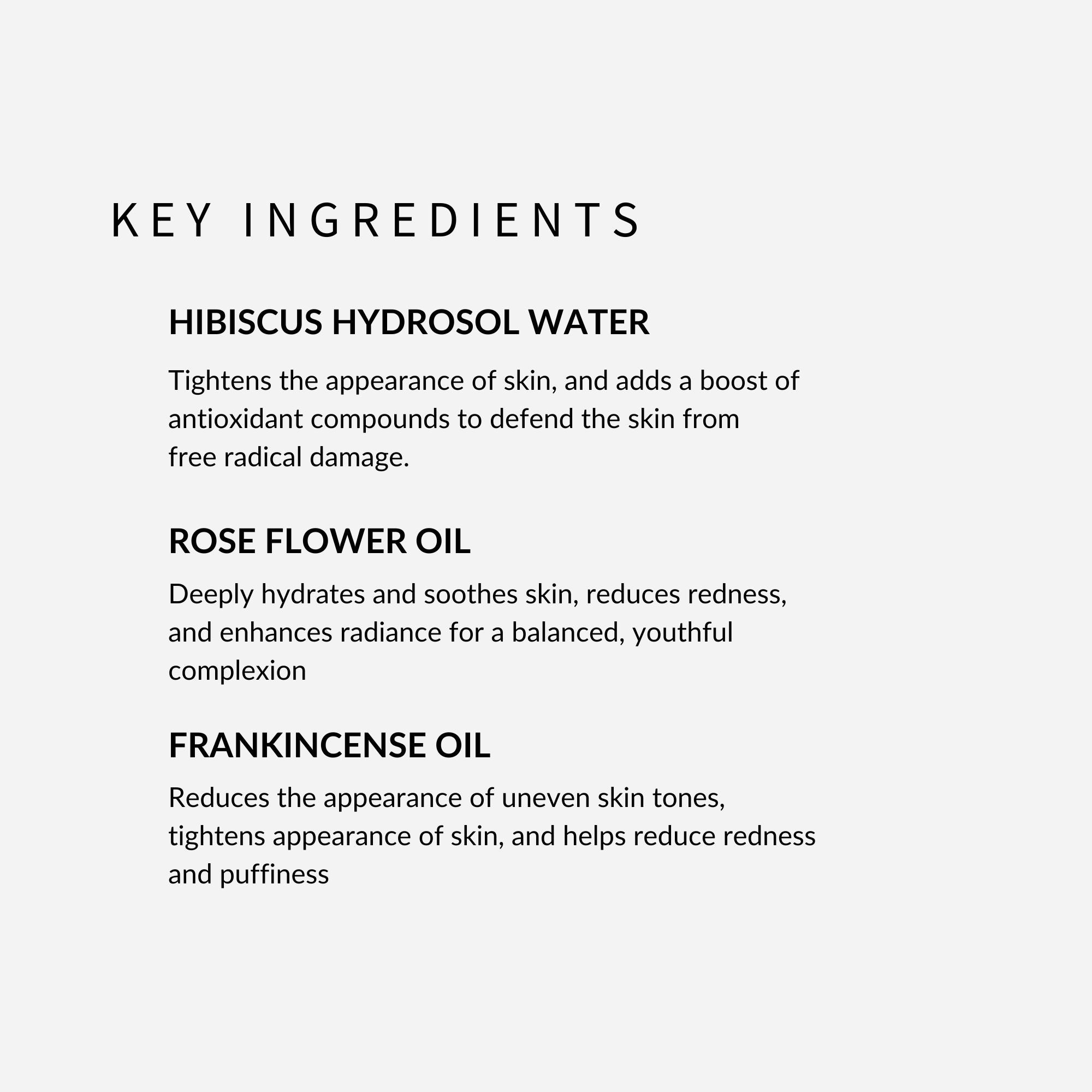 withSimplicity Natural Organic Toner for Aging Skin. Key ingredients are hibiscus hydrosol water, rose flower oil, and frankincense oil