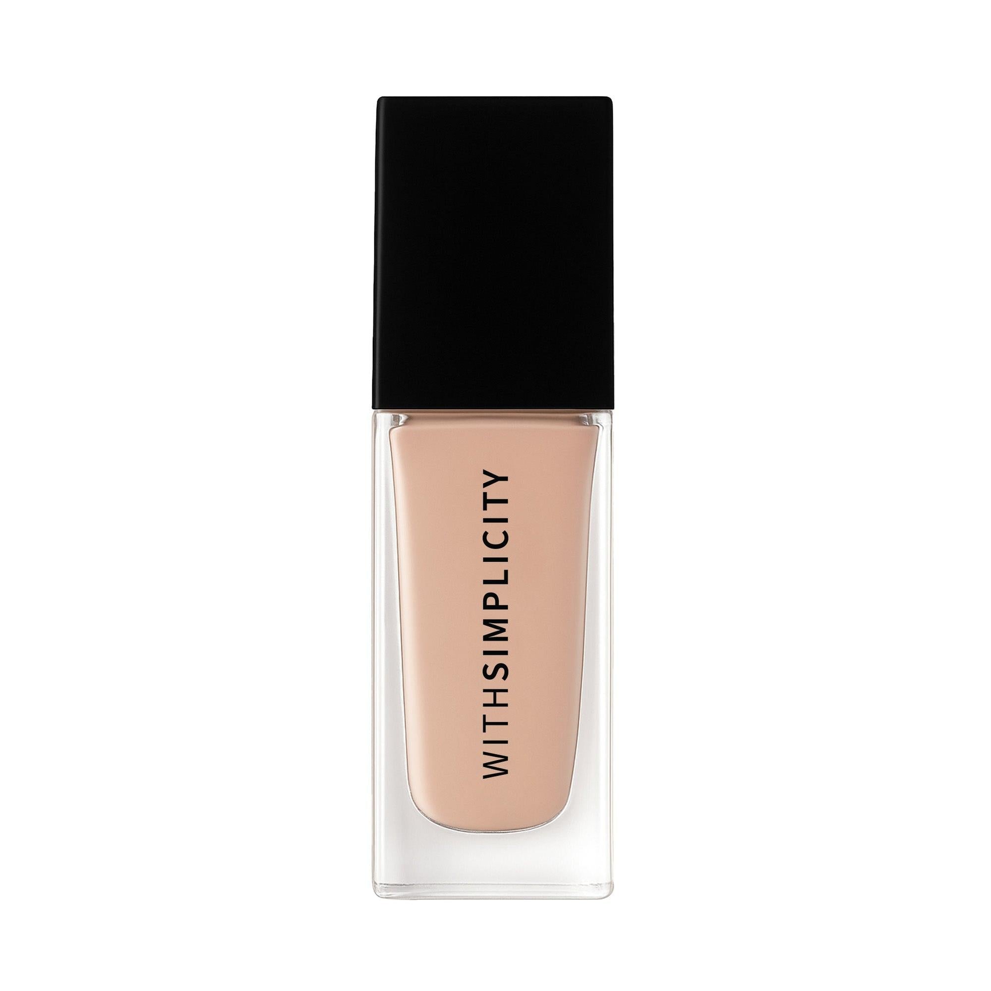 Foundation bottle with black cap and beige body on a white background