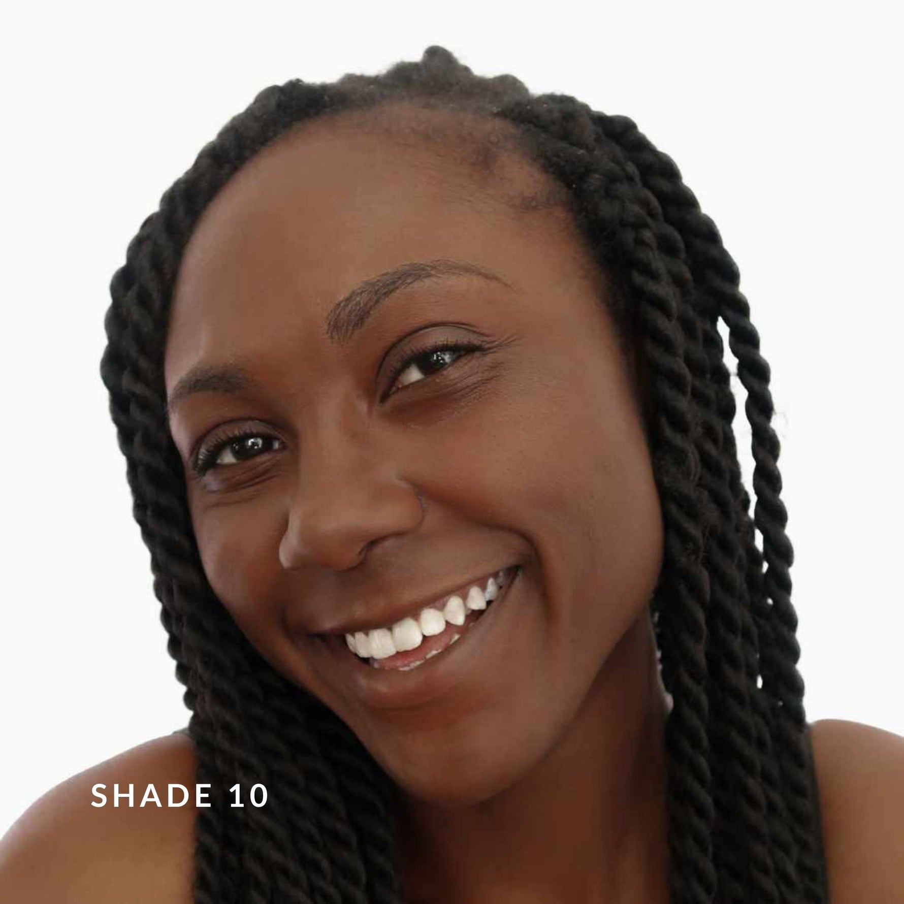 Woman with braided hair smiling on a white background, labeled 'Shade 10'.