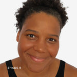 Person wearing a black tank top with 'Shade 8' text on a white background