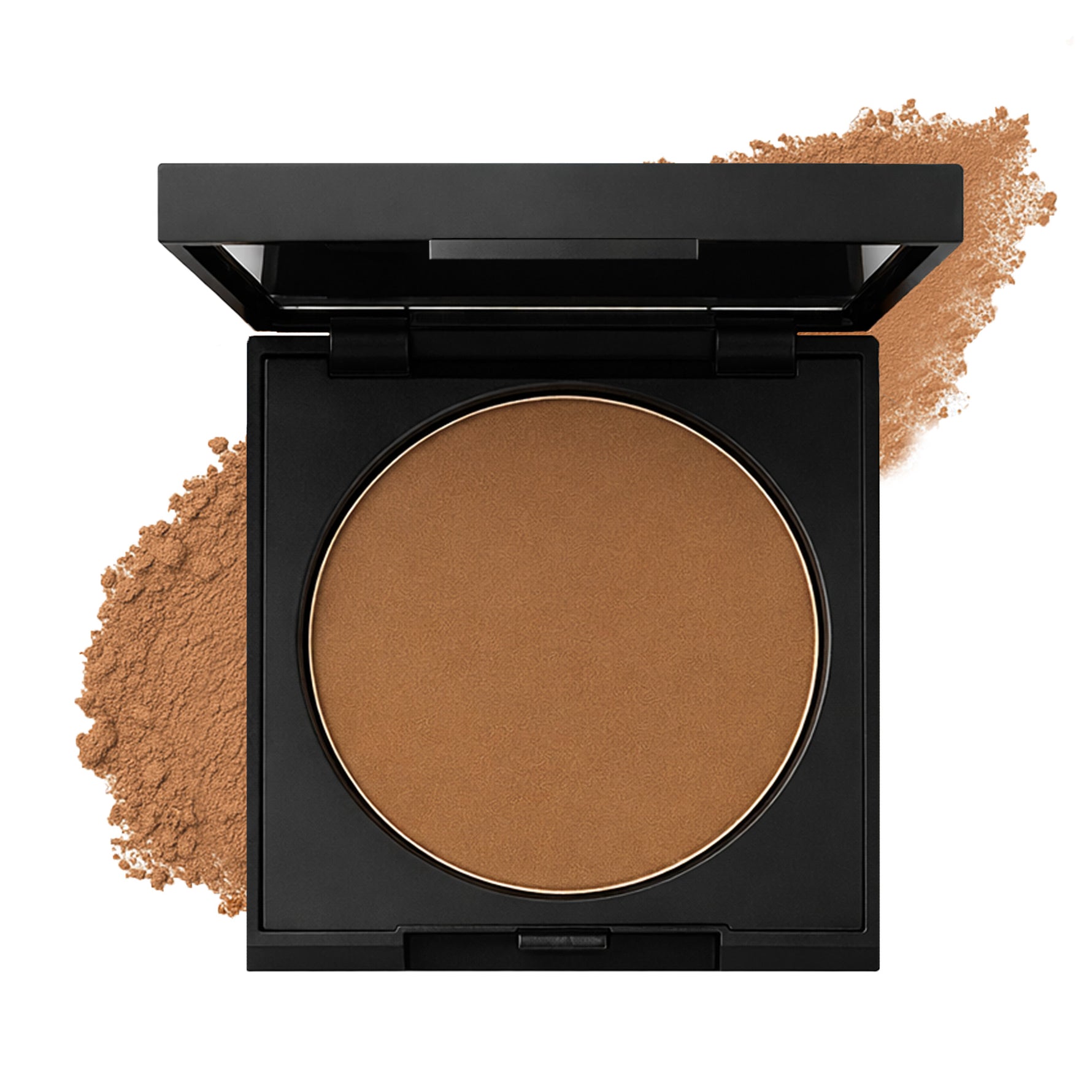 Open compact powder with warm shimmer brown bronzer on a white background