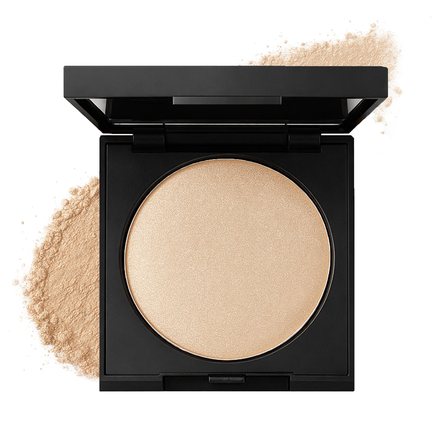 Compact shimmery natural highlighter in a black case with a white background
