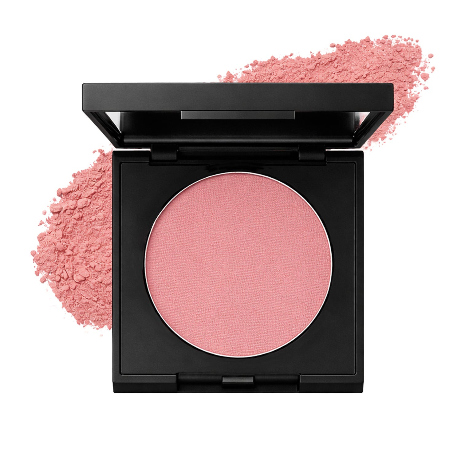 Compact pink blush with a black case on a white background