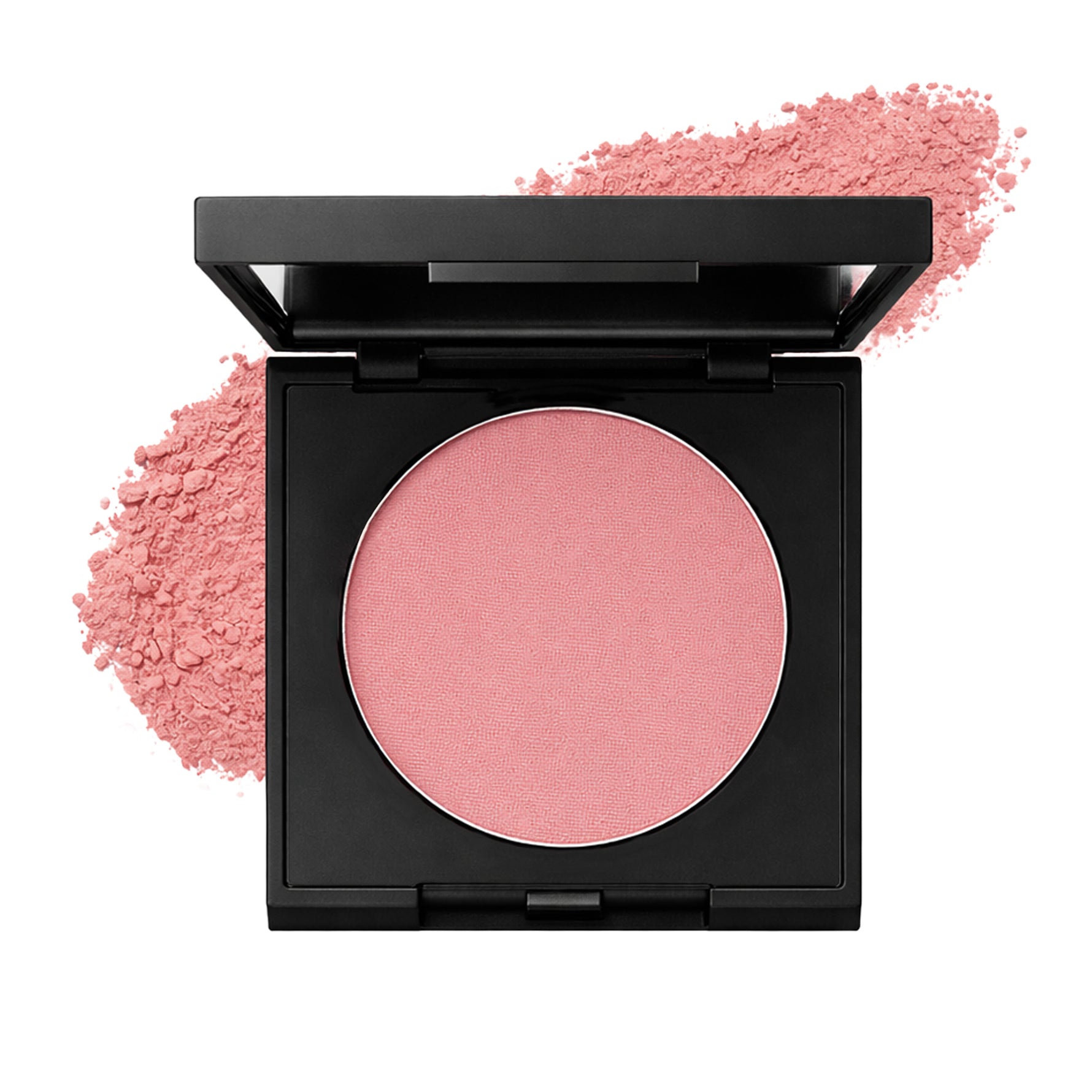 Compact pink blush with a black case on a white background