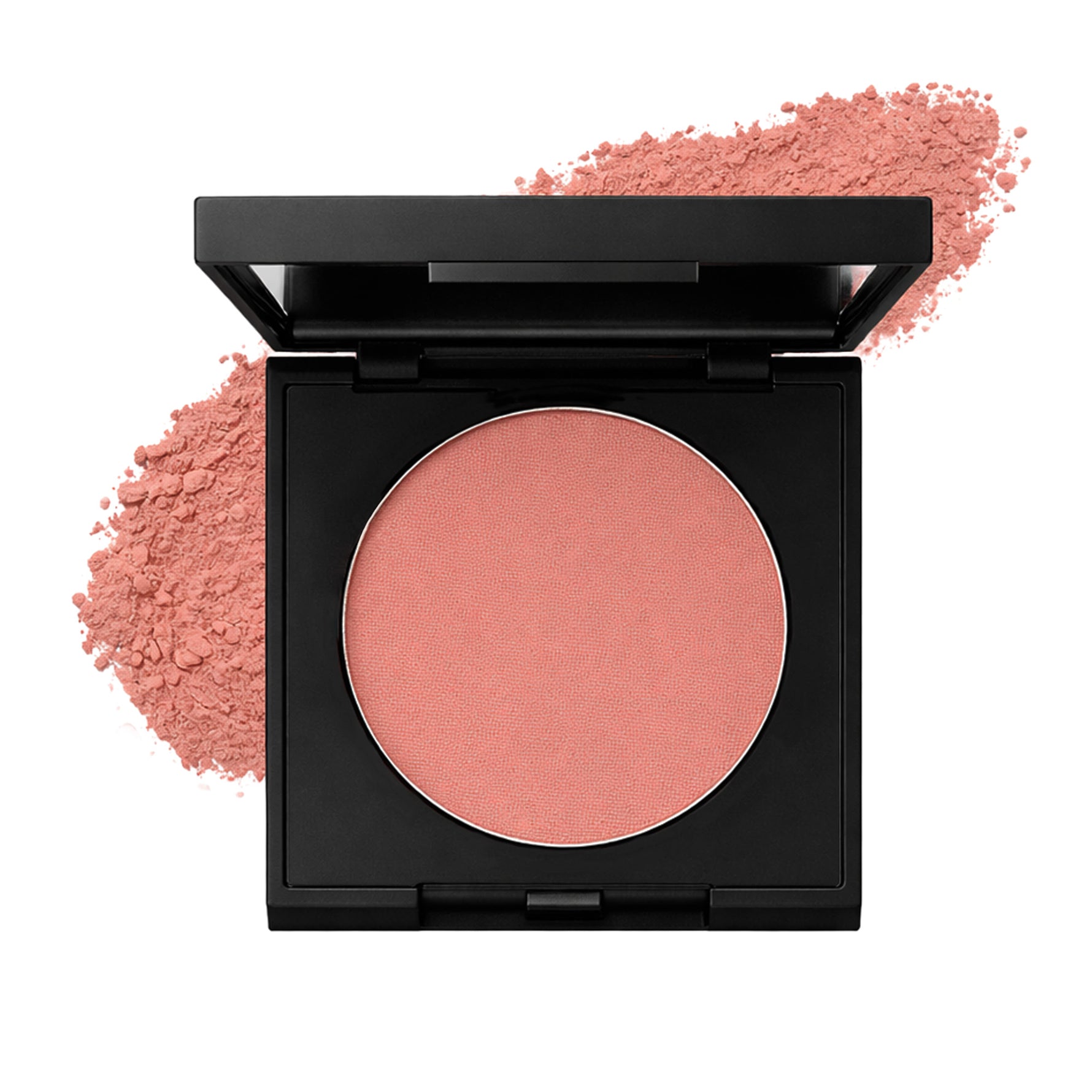 Compact rose colored blush with a black case on a white background