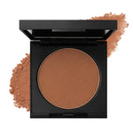 Open bronzer compact with cool-tone shimmery brown powder on a white background
